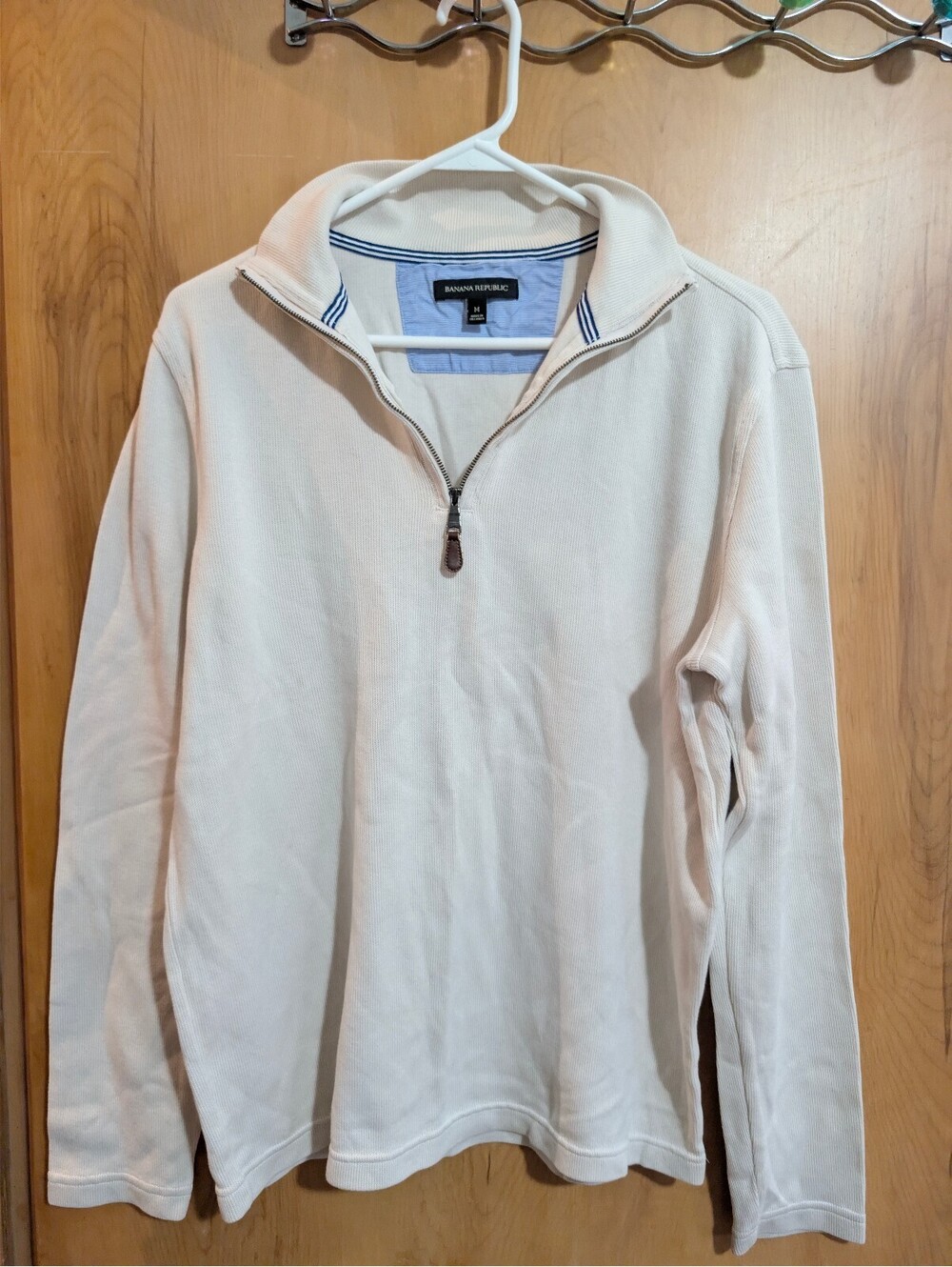 Banana Republic Cream Half-Zip Pullover with Gray Elbow Patches, Size M